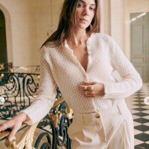 EUC Sézane Saphia Wool Mohair Pointelle Cardigan Ecru Large
